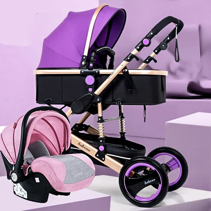 Высокая горизонтальная детская коляска, может применяться для сидения, и складывается двумя способами, четыре колеса, с амортизаторами, детская коляска - Цвет: purple