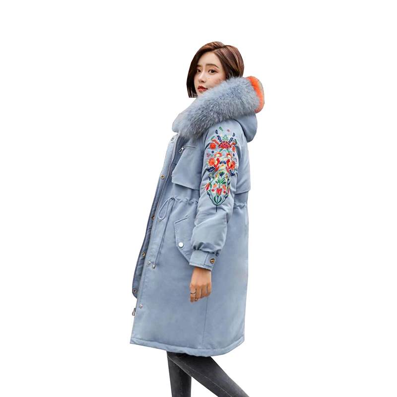 

Winter Jacket Women 2019 Fashion Fur Hooded Plus size Down Jacket Vintage embroidery Thick warm Long Parkas Outerwear Down Coat