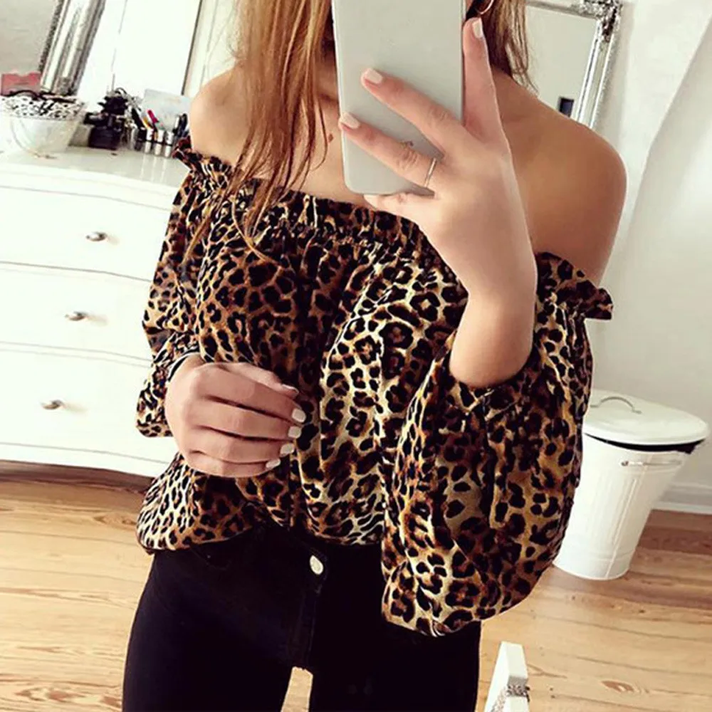 

Fashion Women Long Sleeve T Shirts Women Casual Leopard Printed Long Sleeve Cold Off Shoulder Shirt Top Female T shirt