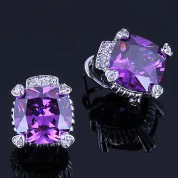 

Ravishing Square Purple Cubic Zirconia White CZ Silver Plated Clip Hoop Huggie Earrings V0903