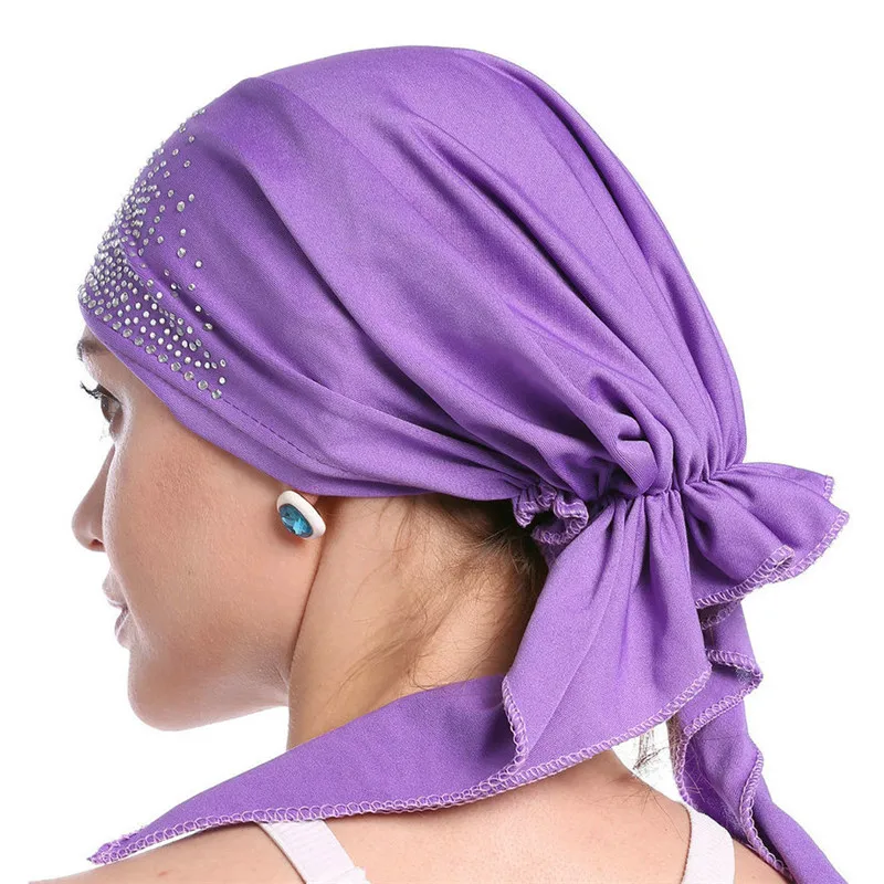 Fashion Women Headscarf Hat Thin Summer Muslim Inner Caps Solid Diamond Turban Bonnet Hijab India Head Wrap Hats For Ladies