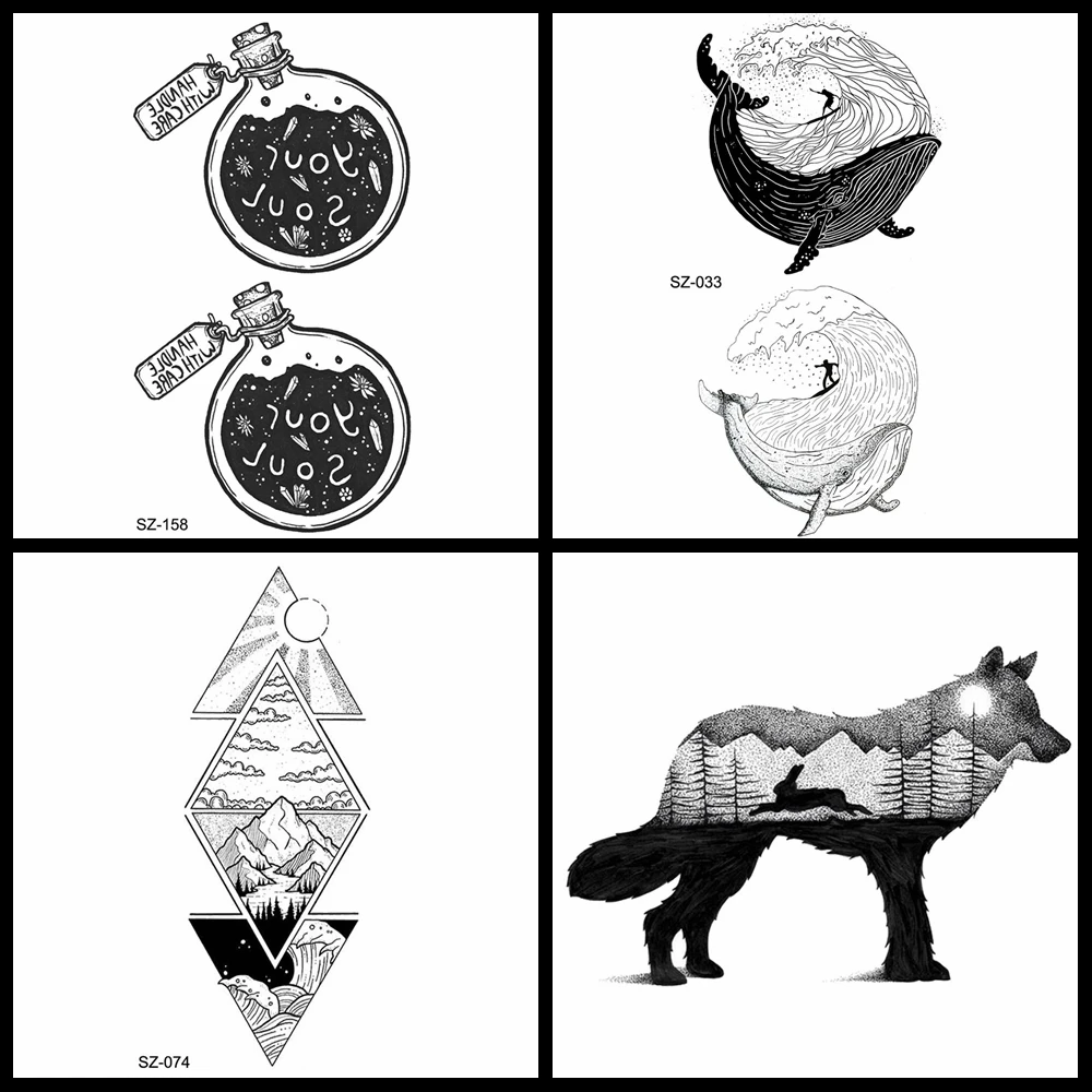 

Черная бутылка для дрифтинга, искусственная татуировка для женщин, искусство на руку, временная татуировка, наклейка для мужчин, лес, креативный волк, водонепроницаемая татуировка, Кит, волны