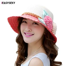 iEASYSEXY Brand 2016 Korean Style Summer Sunscreen Sunshade Resort Straw Cap Fashion Women Adult Casual Beach Hat With Flowers