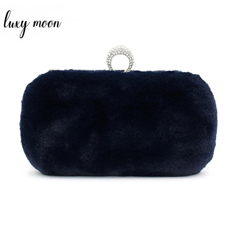 Elegant Dark Blue Evening Bags Faux Rabbit Fur Women Clutch Bag Party Purse Simple Design Day Clutches Shoulder Bag Lady Handbag