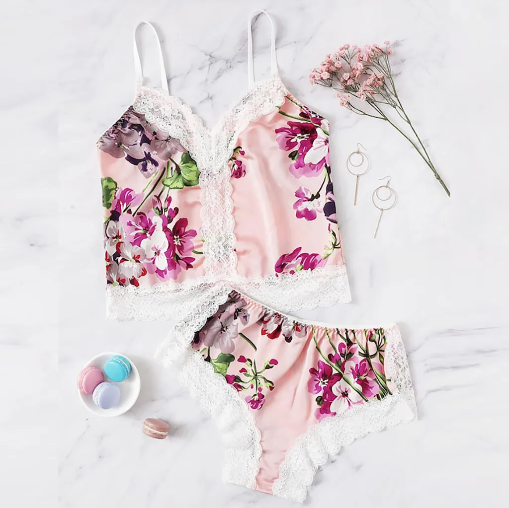 WOMAIL Floral Printed Design Polyester Material Lace Design Underwear Soft Comfortable Sexy V-Neck Sleepwear 19FEB26