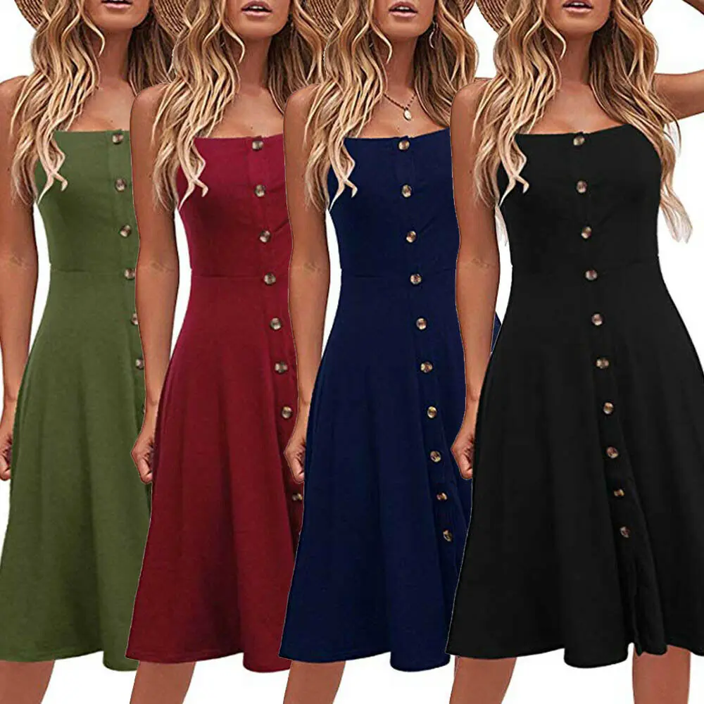 

Womens Solid Dress Sleeveless Spaghetti Strap Button Down A Line Knee Length Dress Summer Holiday Party Sundress Clothes