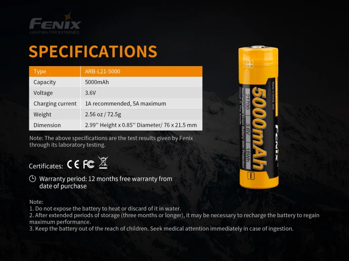 Fenix ARB-L21-5000 21700 rechargeable Li-ion battery 5000mAh with PD36R dedicated