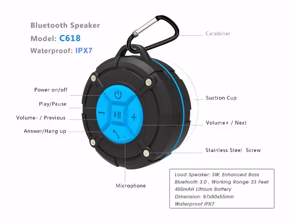 TOPROAD Водонепроницаемый IPX7 Bluetooth динамик открытый портативный беспроводной стерео для душа s Громкая связь микрофон громкий динамик присоска