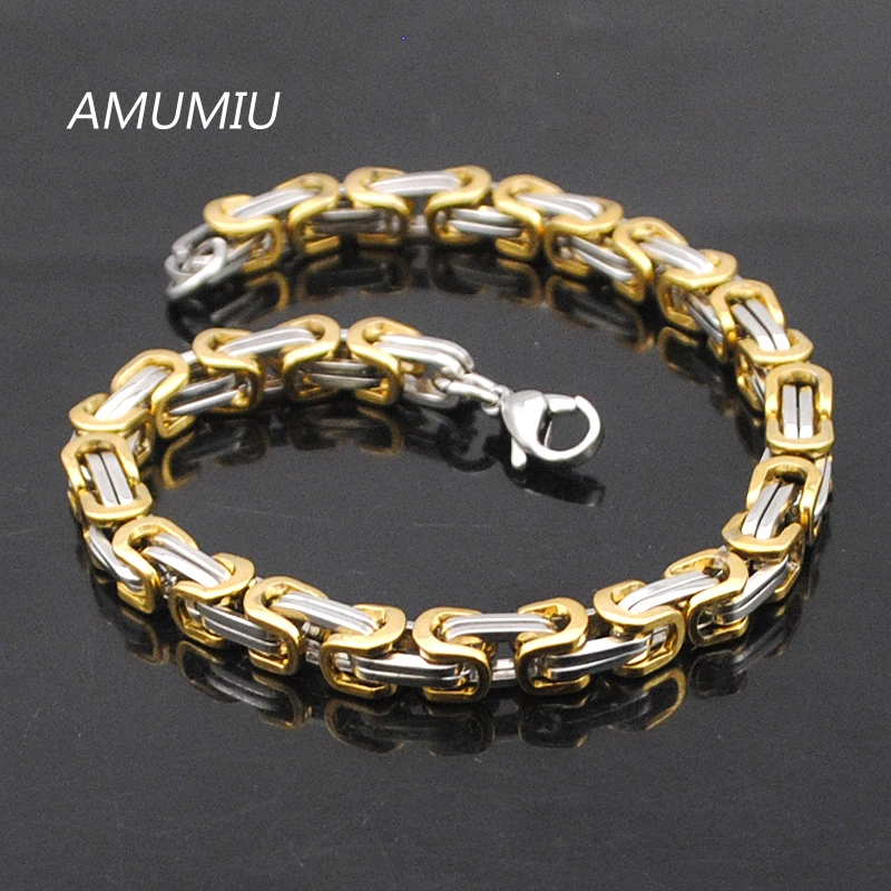 AMUMIU промо-акция! Мужские браслеты с золотой цепочкой, браслет из нержавеющей стали 5,5 мм ширина византийского металла,, высокое качество KB002