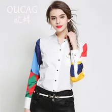 OUCAG New Fashion Women Elegant Long Sleeve Shirts Tops Ladies V-neck Print Casual White Blouse Shirts