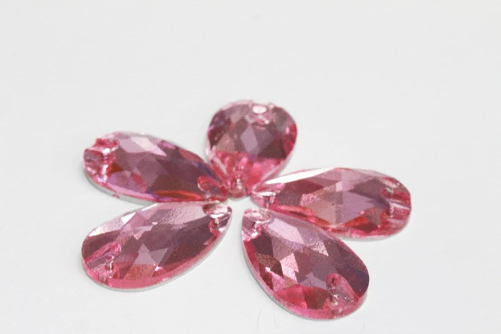 

Teardrop / pear Shape Hot pink / lt rose color Flat back Sew on Rhinestones with holes jewelry crystal 17x28mm 11x18mm