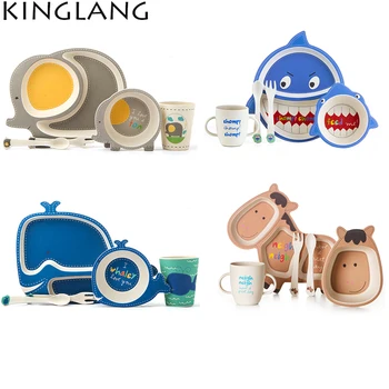 

5pcs/set Bamboo Fiber kids dinnerware set high quality FDA passed children dinner plate cute cartoon rice bowl gift packing