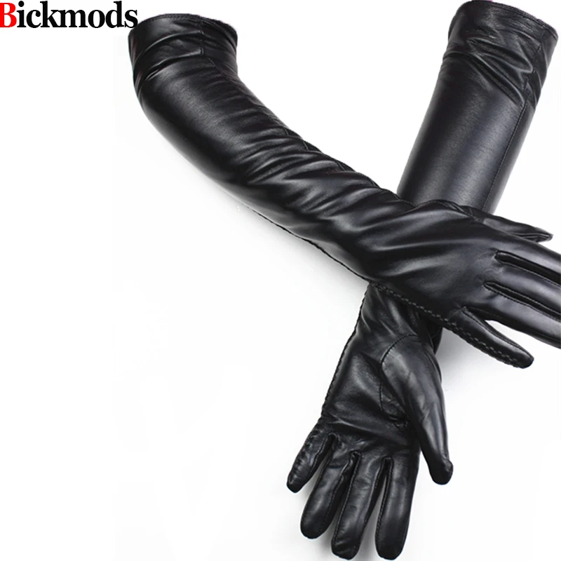 New Ms fashion long 48cm black genuine leather gloves women sheepskin solid adult mittens 