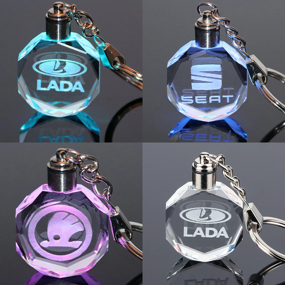 

Personalized Crystal Car Logo Key Chain Laser Engraved Colorful LED Light Key Ring Souvenir Hanging Pendant Gift Drop Shipping