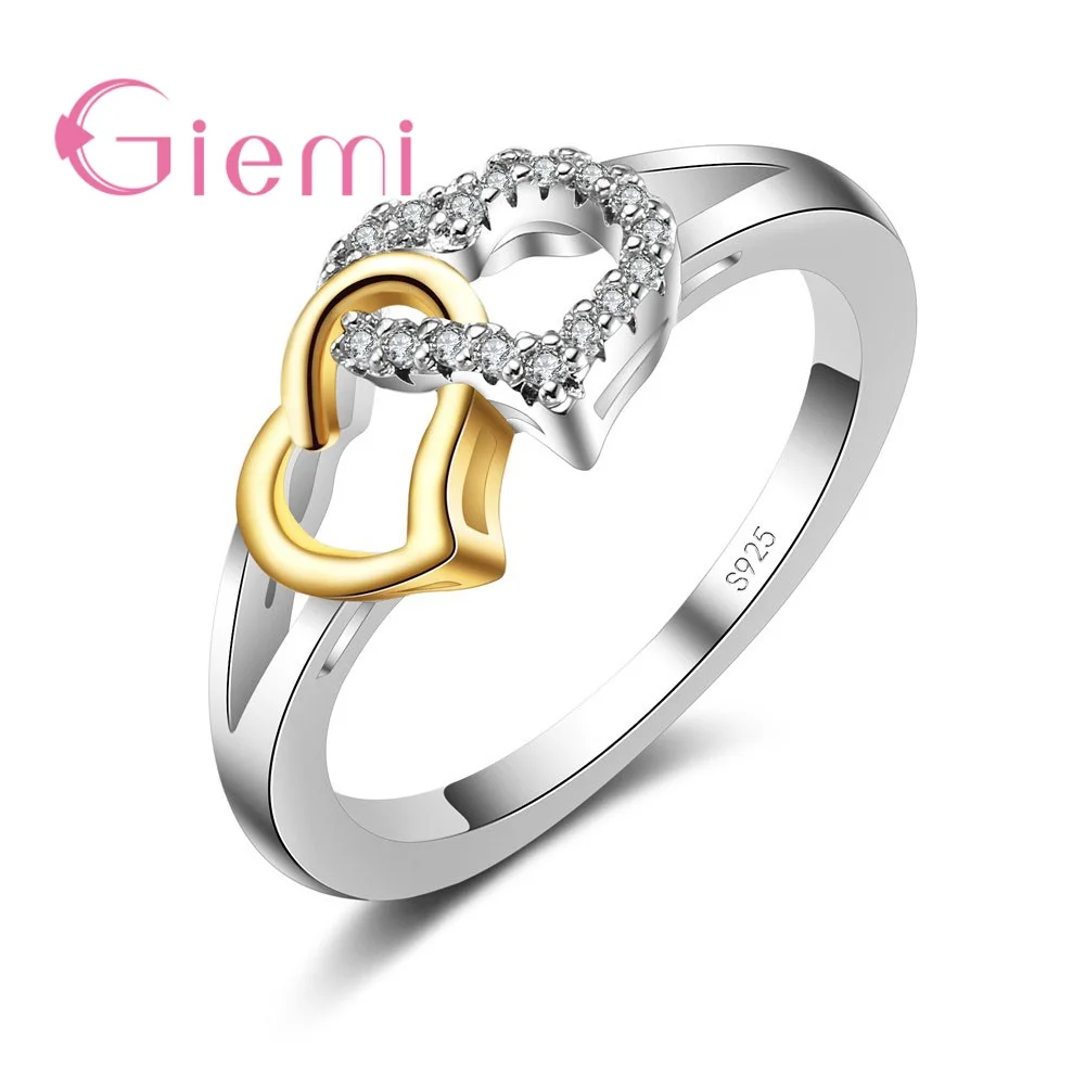 

True Love Heart with Heart Shaped Real 925 Sterling Silver Rings Filled Cubic Zirconia Women Bridal Wedding Bague Bijoux