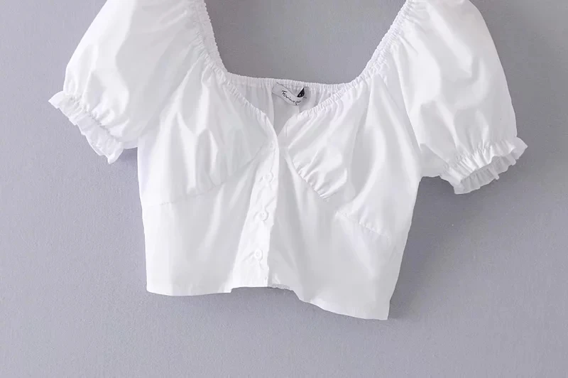 Для женщин вырез в форме сердца на пуговицах укороченный топ с рукавами-буф маленькая Дэйзи; блуза