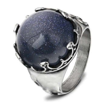 

Shiny Blue Sandstone Ring for Men Fashion Unique Titanium Steel Male Finger Ring Jewelry Gifts US Size 7-12 anel masculino