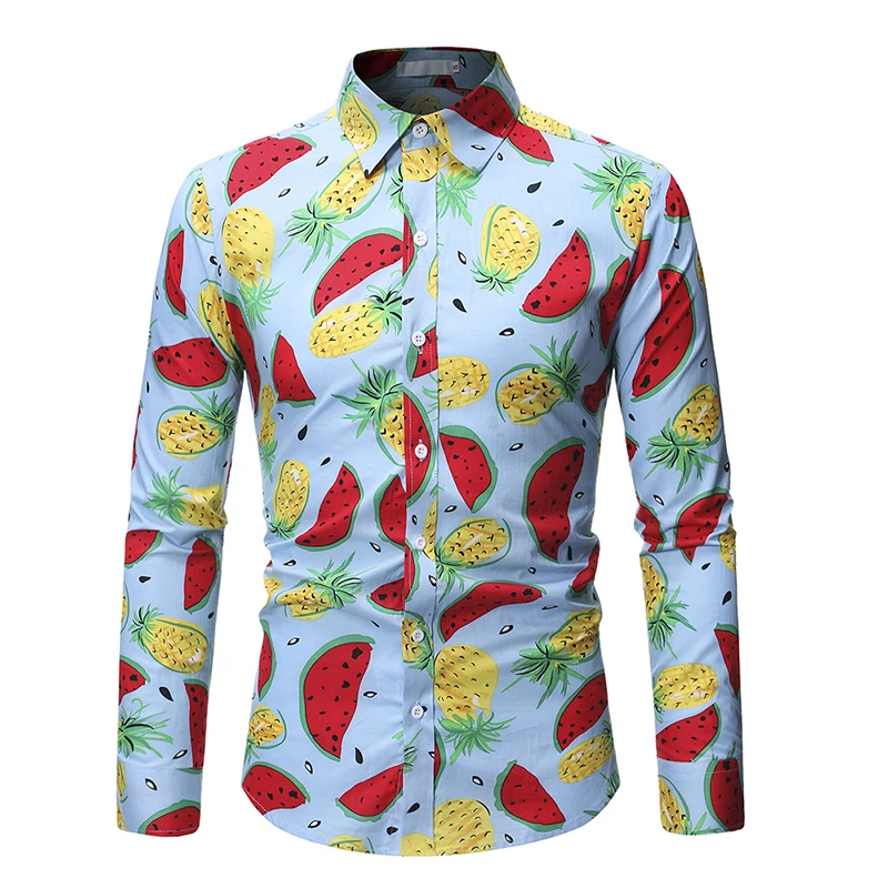 Рубашка с длинными рукавами и принтом арбуза Мужская s Новая мода ананас фруктовый узор Повседневная тонкая рубашка для мужчин Chemise Homme