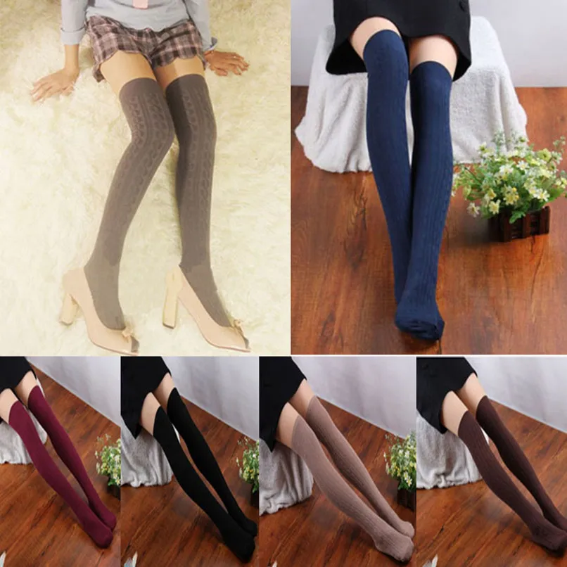 2017 Sale Solid Polyester Knee Socks 1 Pair New Cotton Women Knit Over Knee Thigh High Stockings