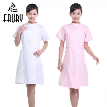 

Women Pure Color Short Sleeve Nurse Uniforms Summer Round Neck Adjustable Waist Long Work Wear Hospital Medical Surgery Lab Coat