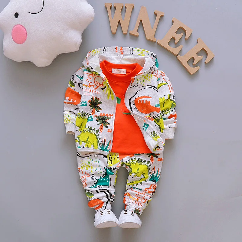 

boys clothes dinosaur design suits hooded coat + t-shirt + pants boy outfit spring & autumn costume infant children clothing set
