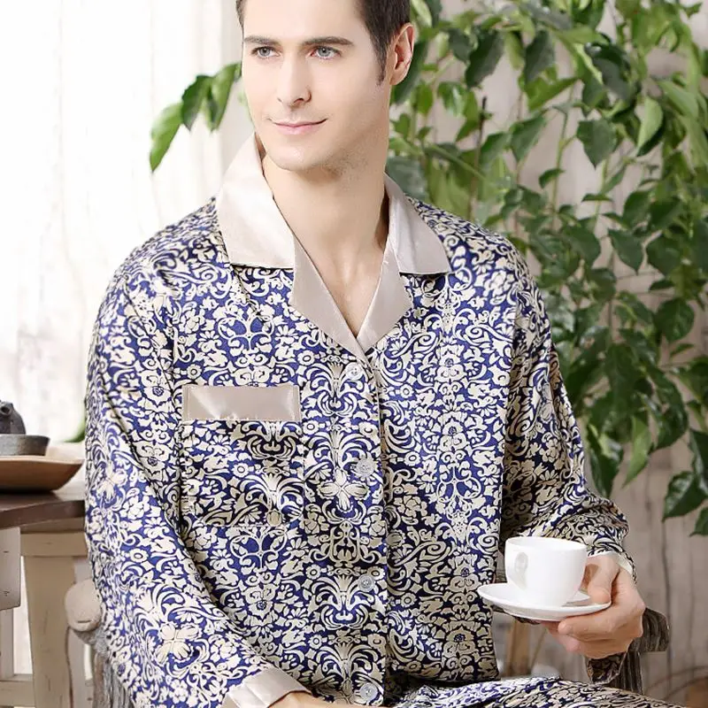 

Spring Autumn Mens Silk Satin Pajama Set Pajamas Long-sleeved Shirt And Trousers Night Suit Thin Home Sleepwear Pijama Masculina