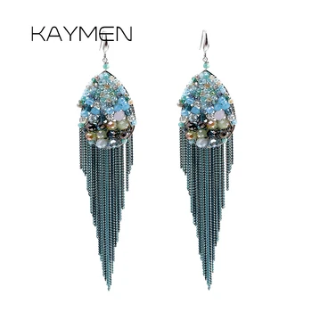 

New Women Bohemia Crystal and Chains Tassels Hook Earrings by Handmade Fashion Statement Beads Dangle Earrings Girls Bijoux 3299