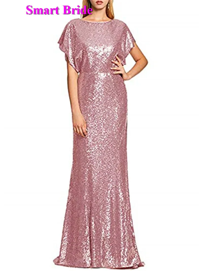 Mermaid Sequined Evening Dresses Long O-Neck Backless Cap Sleeve Formal Party Gown for Women 2019 Floor Length EDress 6