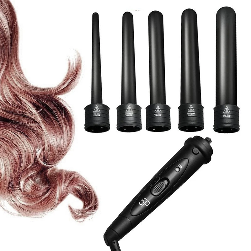 

5 in 1 professional curling rod set with 5 interchangeable black curling rod ceramic casks and protective gloves
