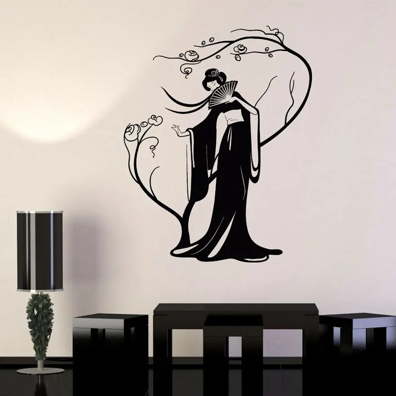 

Modern Art Home Decor Geisha Japanese Woman Fan Sakura Tree Stickers Vinyl Wall Decal Interior Decoration Mural Wallpaper 3099