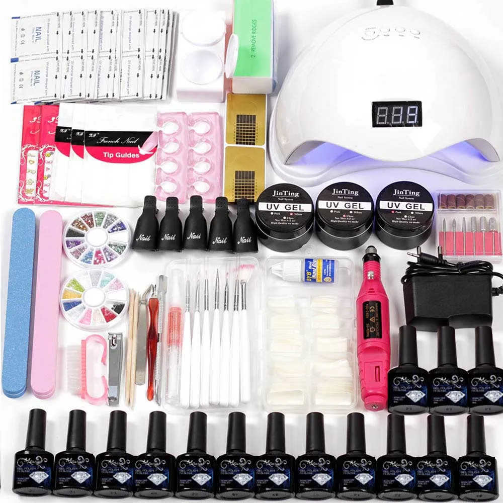 

Manicure Set Acrylic Nail Extension Kit 12pcs Gel Polish Base Top Coat&36w/48w Led Uv Lamp Electric Manicure Handle Nail set