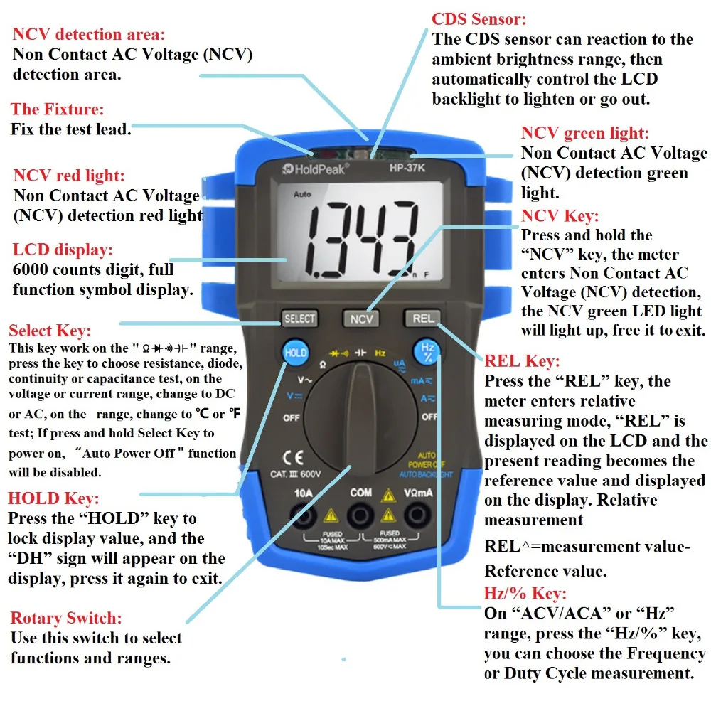 HoldPeak HP 37K Multimetro цифровой Auto Range Цифровой Мультиметр Сопротивление Емкость Частота