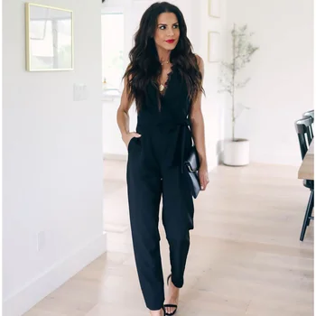 

2020 Sexy Deep V Neck Lace Black Jumpsuit Women Elegant Sleeveless Sashes Female Casual Pockets Women's Overalls Office Ladies