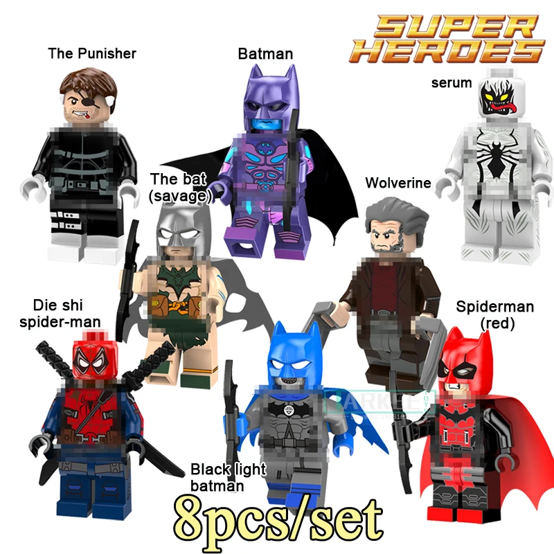 8 шт./компл. Super Heroes строительные блоки Дэдпул Человек-паук Бэтмен Каратель Wolverine