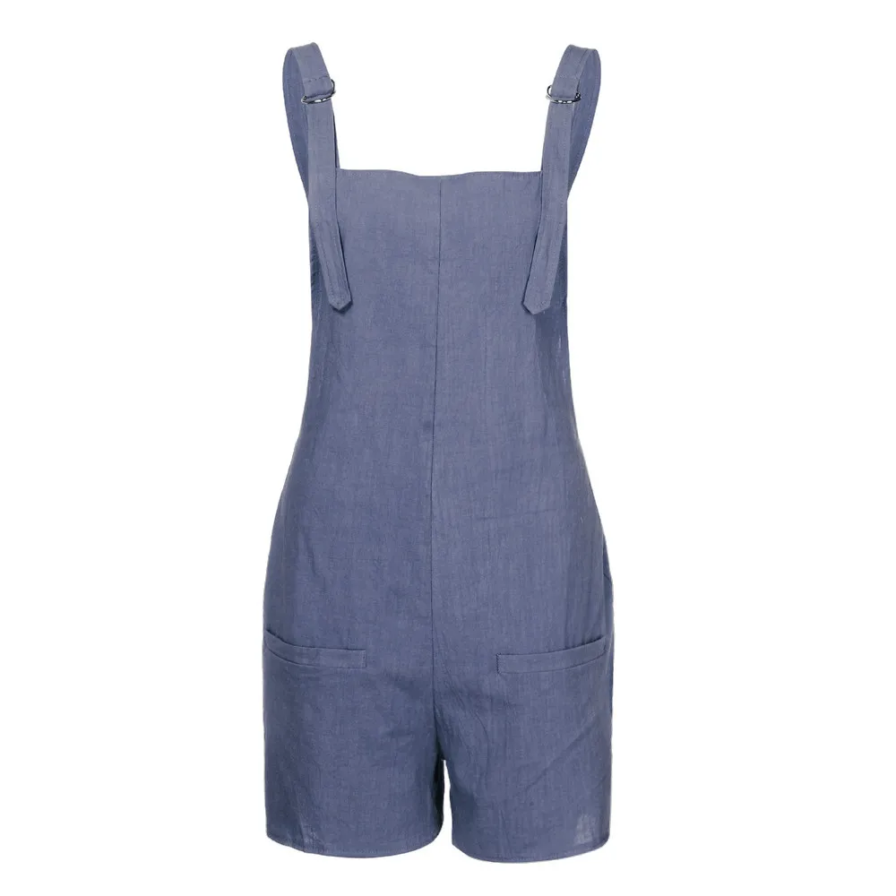 womens rompers jumpsuit Elastic Waist Dungarees Linen Cotton Pockets Rompers Playsuit Shorts Pants combi pantalon femme#XB35