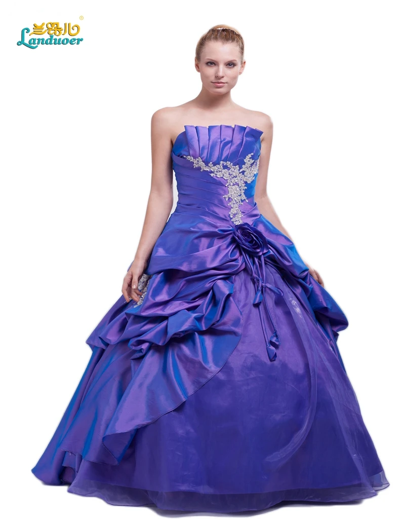Appliques Strapless Victorian Style purple Taffeta tiered Ball Gown