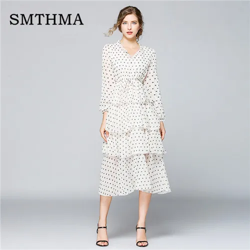 

SMTHMA High Quality Newest Fashion 2019 Spring Designer Runway Dress Women's Long Sleeve V-neck Dot Cascading Ruffle Long Dress
