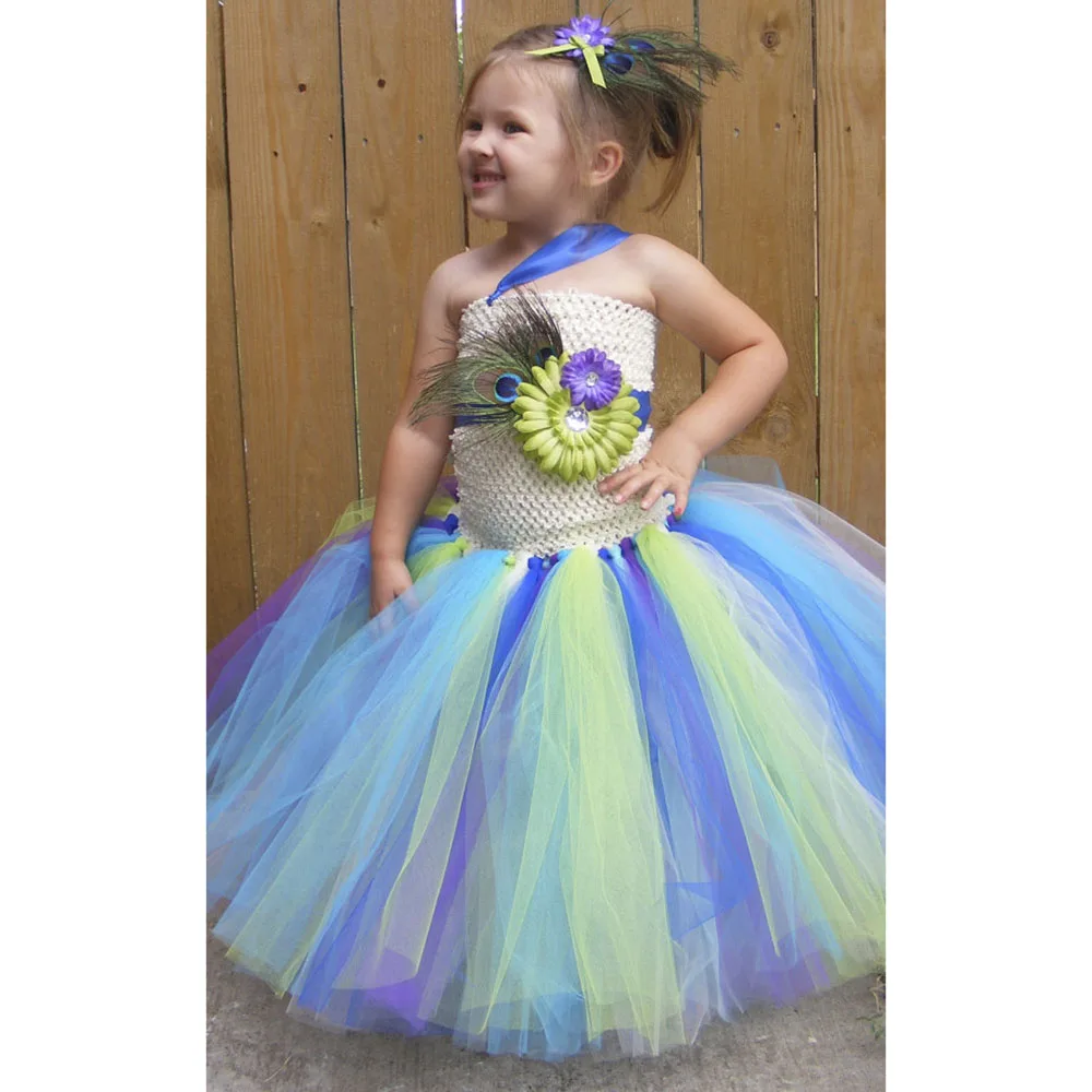 

Princess Girl Peacock Tutu Dress for Kids Casual Peacock Feather Flower Ankle Length Dresses Girl Xmas Party Photo Shoot Clothes