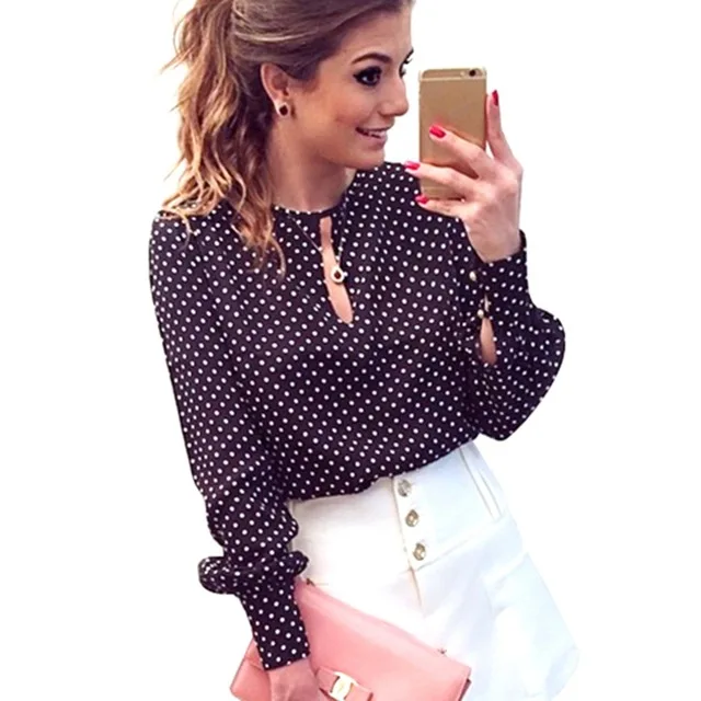 

New Style Women Casual Round Neck Long Sleeve Blouses Summer Chiffon Polka Dots Shirt Tops S4