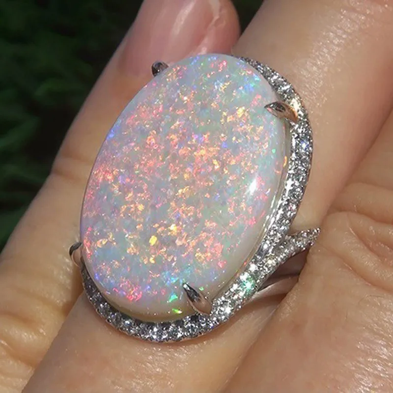 ZORCVENS Elegant Fashion White Oval Female Opal Ring White Gold Color