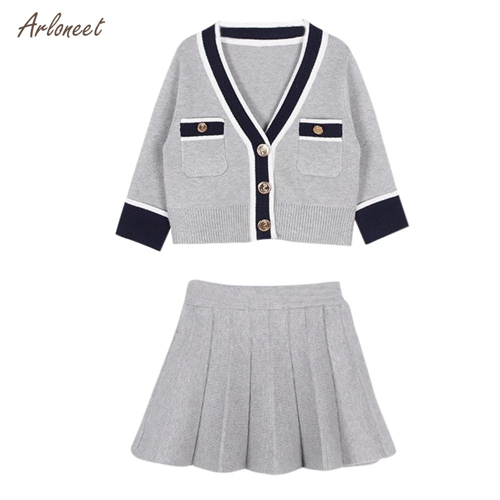 

ARLONEET Baby Kid Girls clothing Long Sleeve British College Wind Knit Cardigan Sweater Jacket + Pleated Skirt Two-Piece Set2018