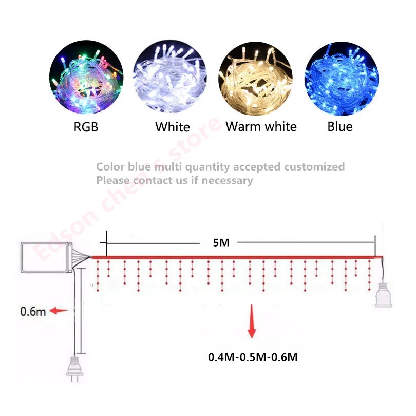 Рождественские огни, наружное украшение, светодиодные занавески, сосулька, гирлянда, домашнее декоративное освещение сада, 5 м, свисает, 0,4-0,6 м