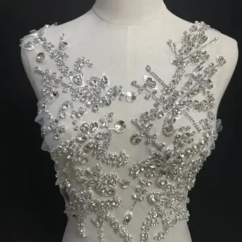 

1 piece Large Rhinestone bead applique, crystal applique, crystal bodice patch, heavy bead handmade rhinestone applique