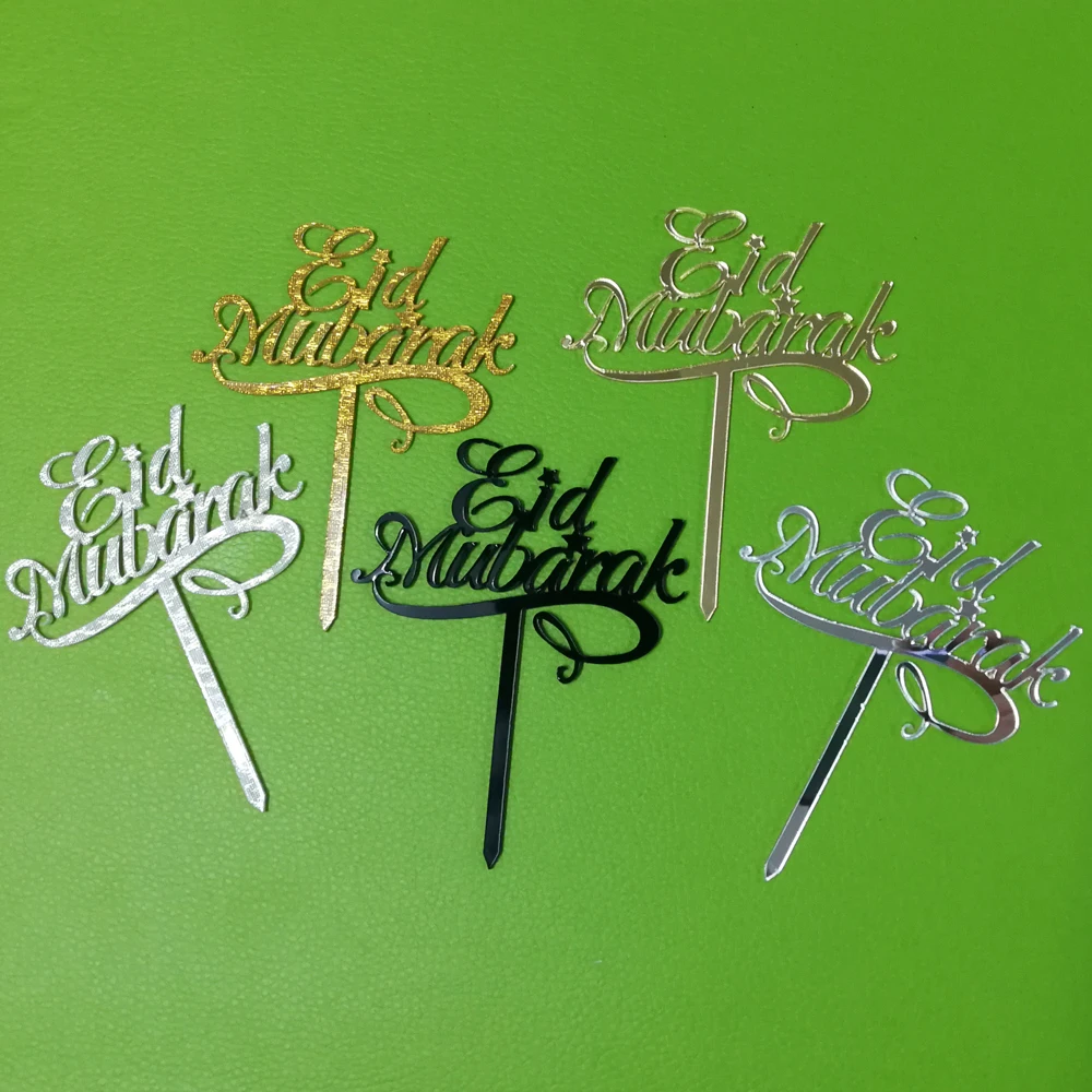 5 Pezzi 8X10Cm Oro Argento Eid Mubarak Acrilico Cupcake Topper Per Musulmano Eid Al-Fitr Eid Decorazione Del Partito