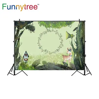

Funnytree photography backdrops wild animals deer watercolor frame nest wreath jungle wonderland photo background photocall