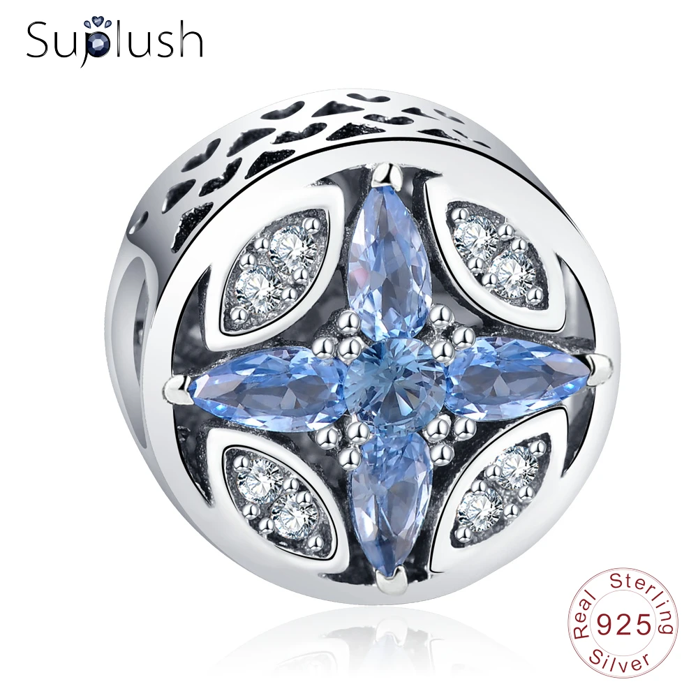 Suplush Blue CZ Bead Patterns of Frost Openwork Charm Beads Fit Original Pandora Bracelet Antique 925 Sterling Silver Jewelry | Украшения и