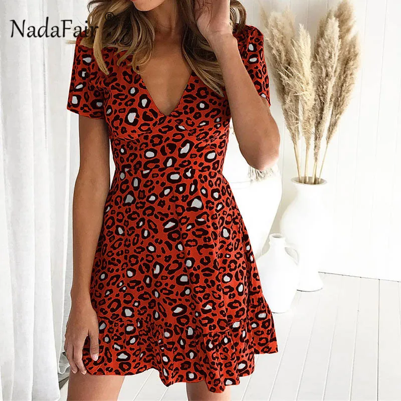 Nadafair весеннее платье с леопардовым принтом женское летнее платье с принтом в виде животного с коротким рукавом и оборками лоскутное мини вечерние пляжное платье