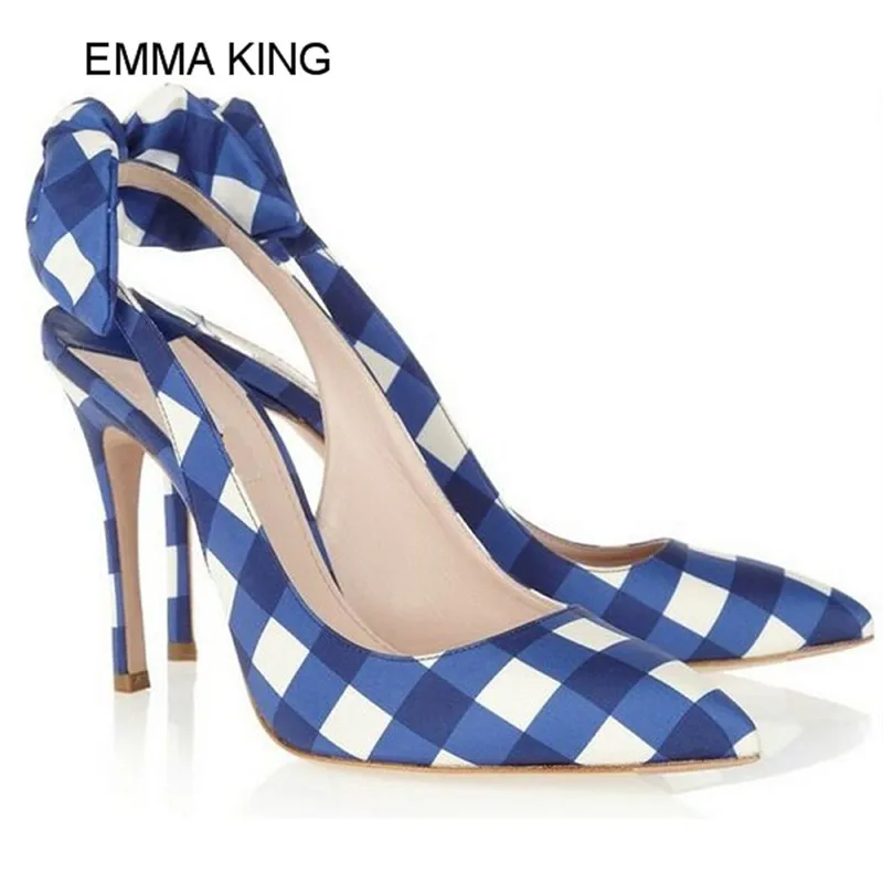 

EMMA KING Thin High Heels Women Pumps Pointed Toe Plaid Pattern Back Butterfly Knot Modern Mujer Sandals Sexy Ladies Party Shoes