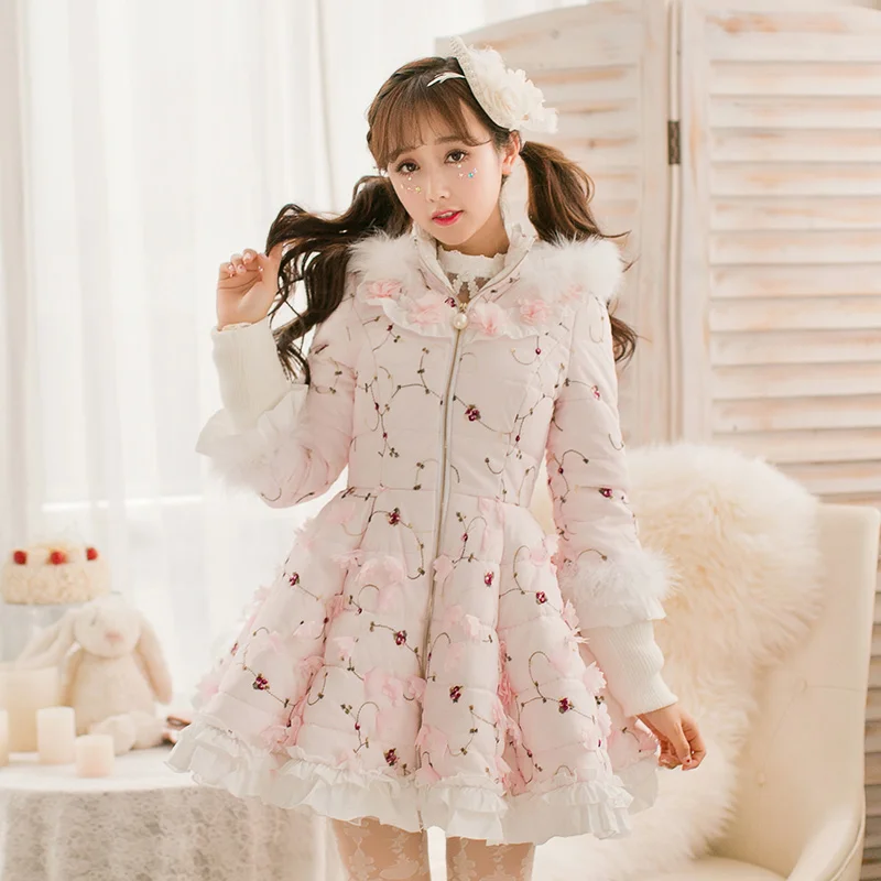 

Princess sweet white flower coat Candy Rain flower decoration embroidery zipper Stereo decals Japanese design C22CD6224
