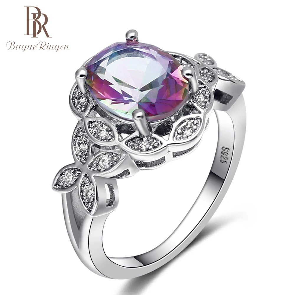 

Bague Ringen New Genuine 925 Sterling Silver Rainbow Topaz Wedding Rings for Women Leaf Design Gemstone Ring Fine Jewelry Gifts
